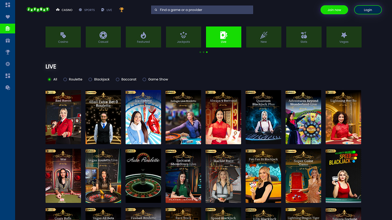 JeffBet Casino — Live dealer lobby