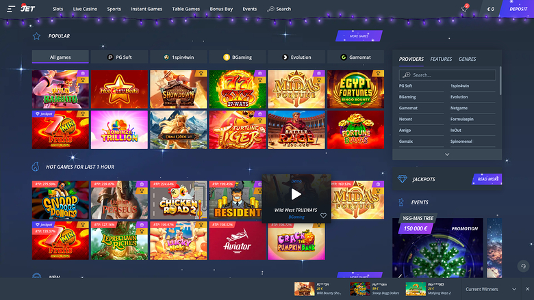 A casino lobby screen showing a grid of game tiles under Popular and Hot Games for Last 1 Hour sections, with a provider filter sidebar and a promotion panel.