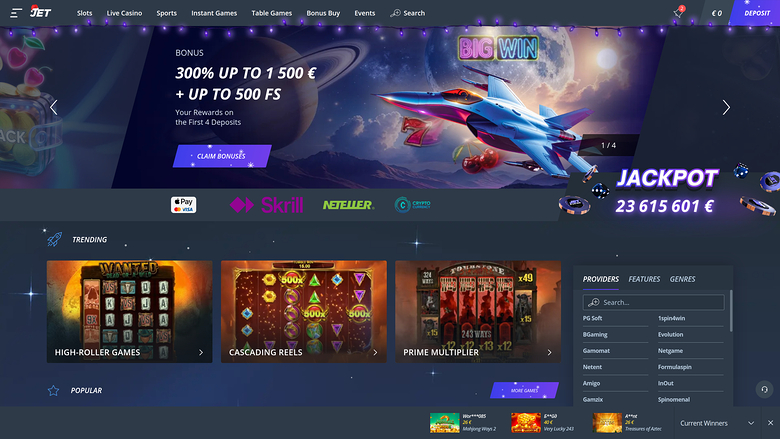 An online casino homepage showing a space-themed bonus hero banner, a jackpot counter, payment provider logos, trending game tiles and a provider filter sidebar