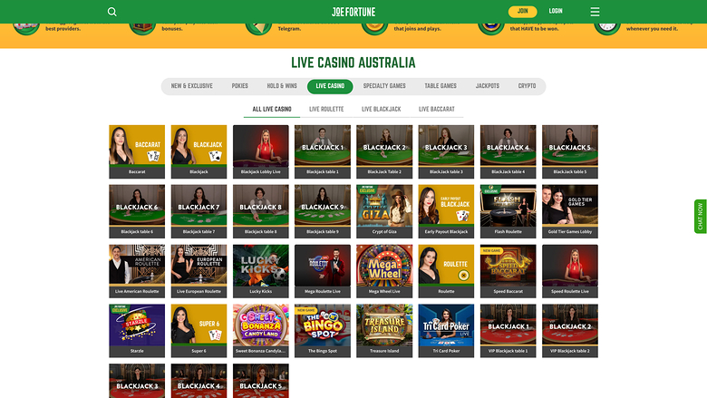 Joe Fortune Casino — Live dealer lobby