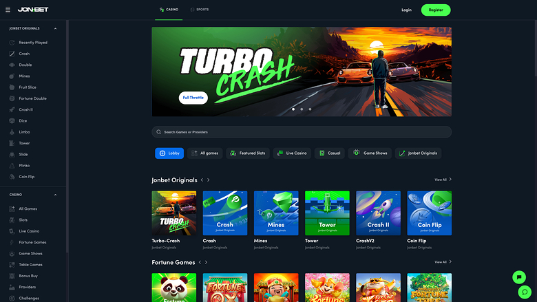 A JONBET online casino lobby page showing a Turbo Crash banner, a search bar, category filters, and rows of game tiles.