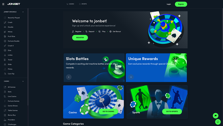 A Jonbet casino homepage showing a welcome hero, promotional banners, casino and sports entry tiles, and a left sidebar of game categories.