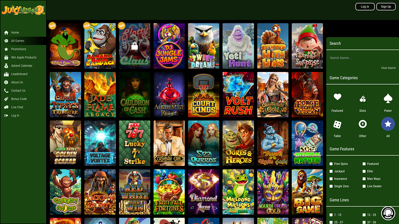 An online casino lobby screen showing a grid of game tiles with a left sidebar menu and a right-hand search and category panel.
