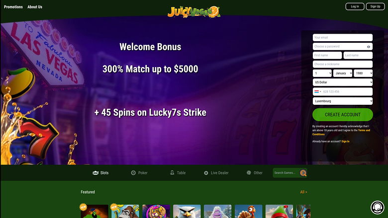 A casino landing page shows a welcome bonus offer beside a registration form, with a game category bar and a row of featured game tiles below.
