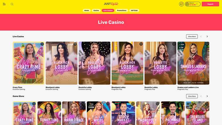 Justspin Casino — Live dealer lobby