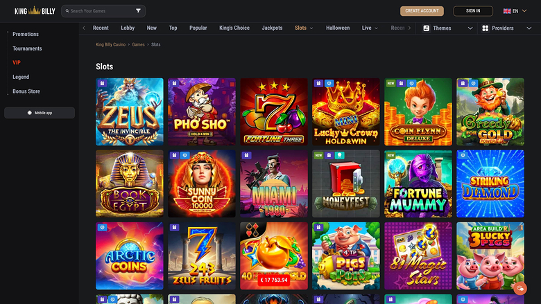A slots lobby page on the King Billy casino site showing a grid of game tiles beneath a category menu.