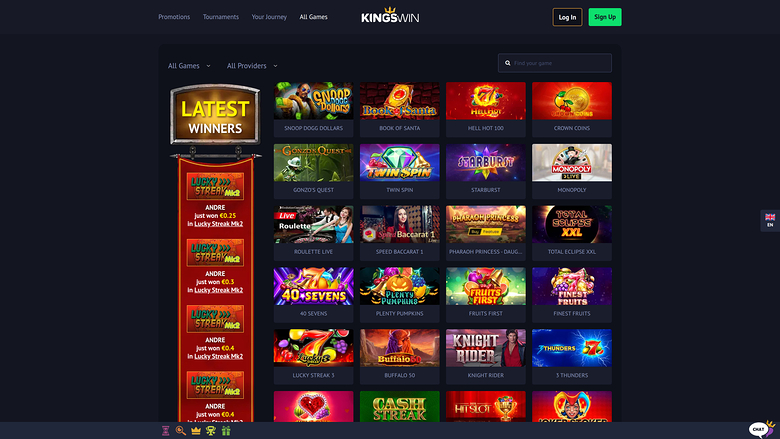 A King's Win online casino lobby page shows a Latest Winners sidebar beside a grid of game tiles under All Games and All Providers filters.
