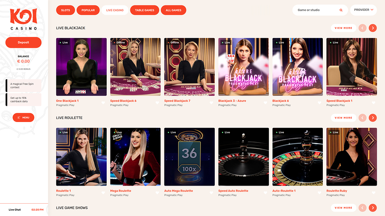 Koi Casino — Live dealer lobby