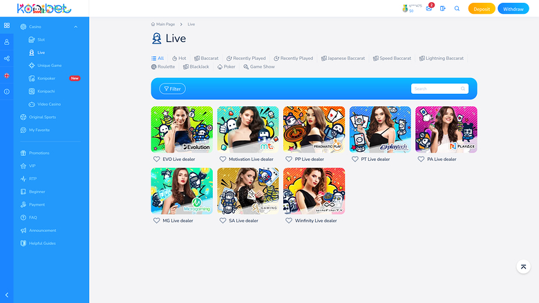 Konibet Casino — Live dealer lobby
