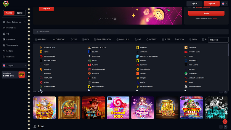 LamaBet Casino — Games by studio