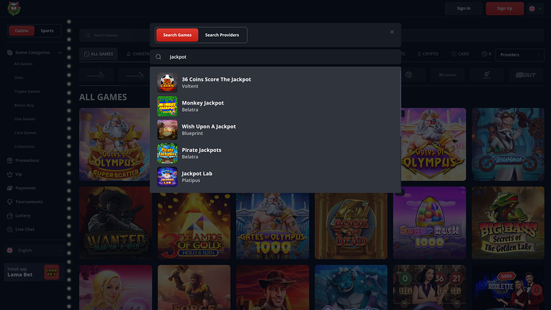 LamaBet Casino — Jackpot games