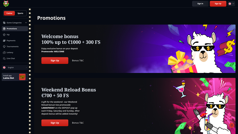LamaBet Casino — Promotions page