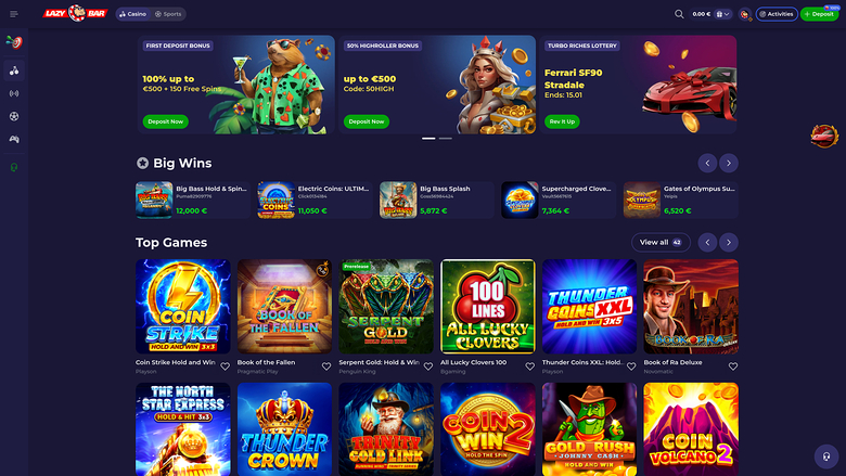 An online casino lobby page showing promotional banners, a Big Wins ticker and Top Games tiles.