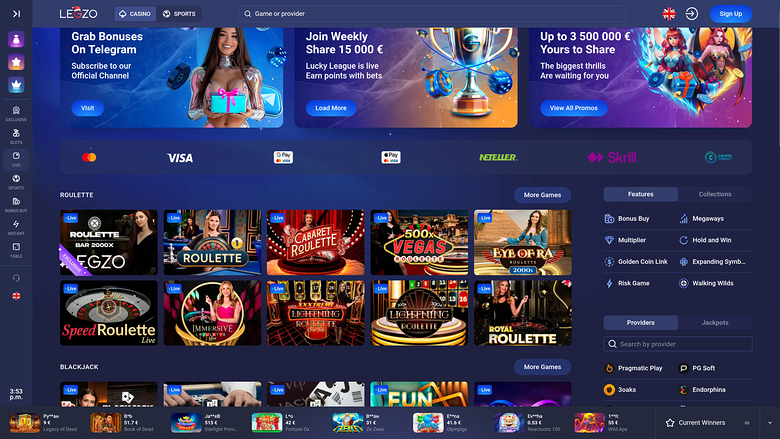 Legzo Casino — Live dealer lobby