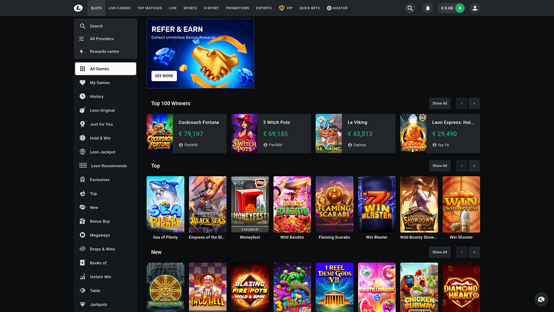 An online casino lobby screen showing a left sidebar menu, a promotional banner, and horizontally scrolling rows of game tiles.
