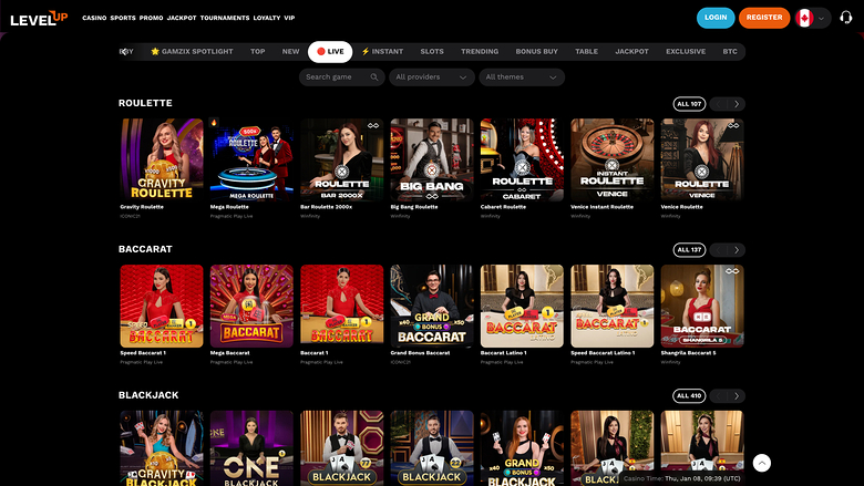 LevelUp Casino — Live dealer lobby