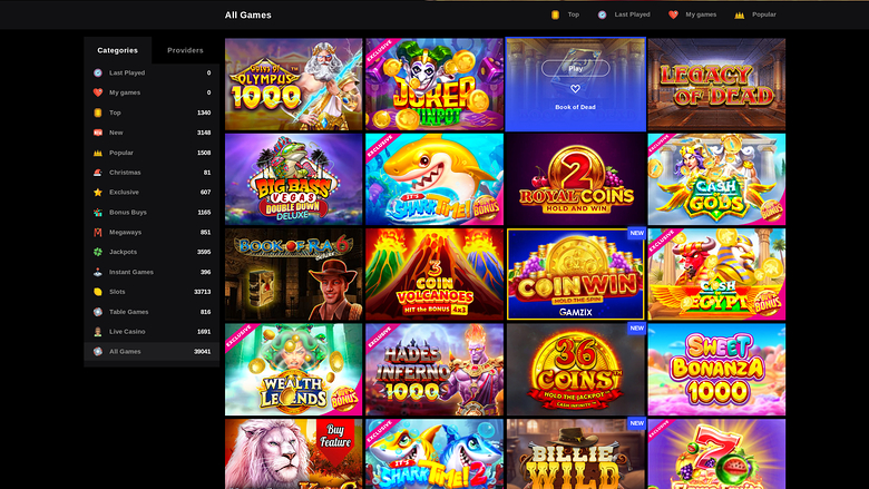 An online casino lobby screen titled 'All Games' showing a left sidebar of game categories and a grid of colourful game tiles.