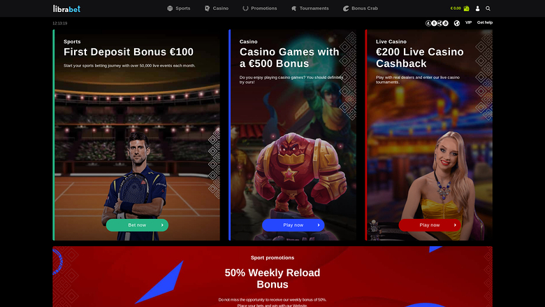 {"summary":"A Librabet casino homepage showing three promotional banners for sports, casino games and live casino above a weekly reload bonus section.","colours