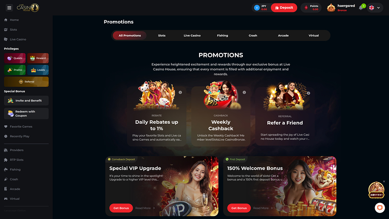 Live Casino House — Promotions page