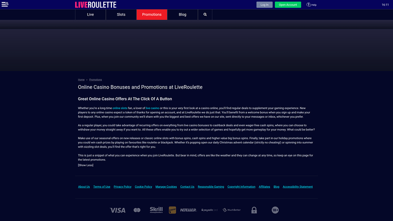 Live Roulette Casino — Promotions page