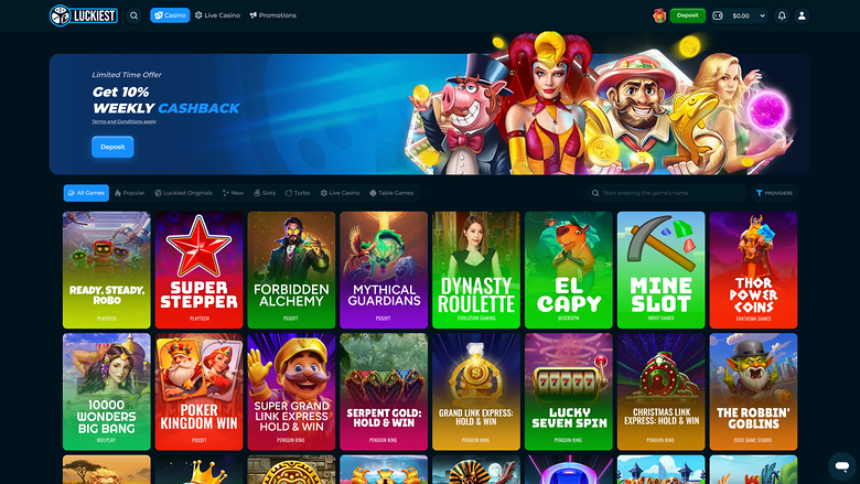 An online casino lobby page showing a weekly cashback promotion banner above a grid of game tiles.