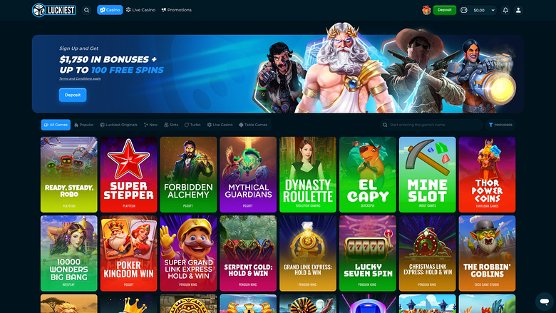 An online casino lobby screen showing a promotional hero banner above a grid of game tiles with category tabs and a top navigation bar.