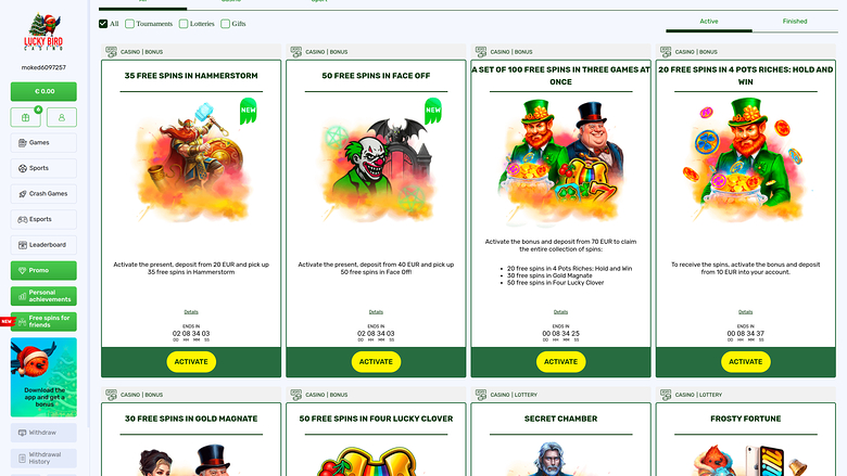 Lucky Bird Casino — Promotions page