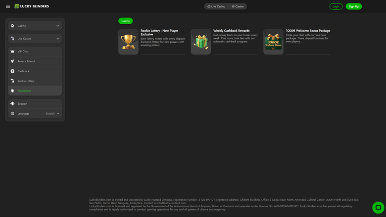 Lucky Blinders Casino — Promotions page
