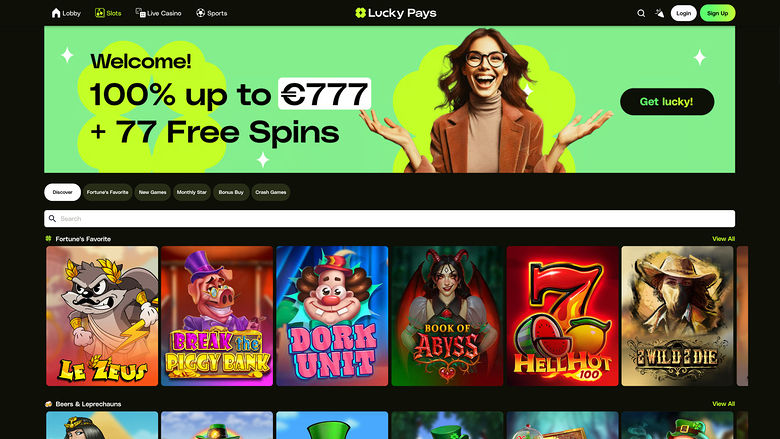 A casino homepage for Lucky Pays shows a welcome bonus hero banner, category tabs, a search bar and rows of game tiles.