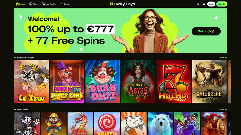 An online casino homepage for Lucky Pays shows a welcome bonus hero banner above rows of game tiles.