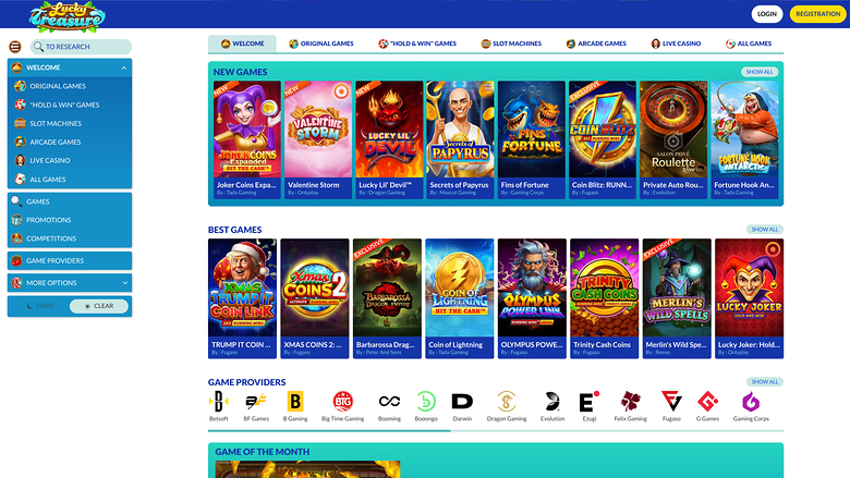 An online casino lobby page showing game categories, new games, best games, and game providers.