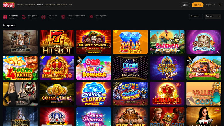 An online casino lobby screen showing a grid of game tiles under an 'All games' heading with category tabs above.
