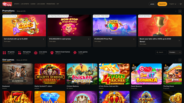 A casino lobby screen showing a promotions carousel above category tabs and a grid of slot game tiles.