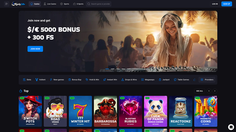 An online casino homepage showing a welcome bonus hero banner and a row of game tiles under a Top section.