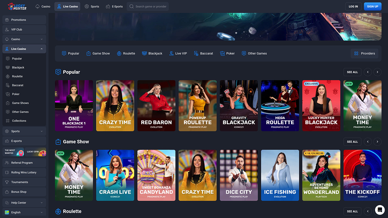 LuckyHunter — Live dealer lobby