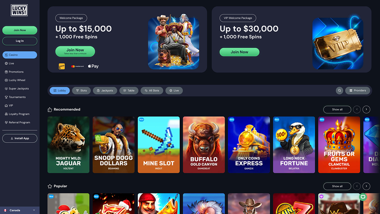 LuckyWins Casino — Homepage