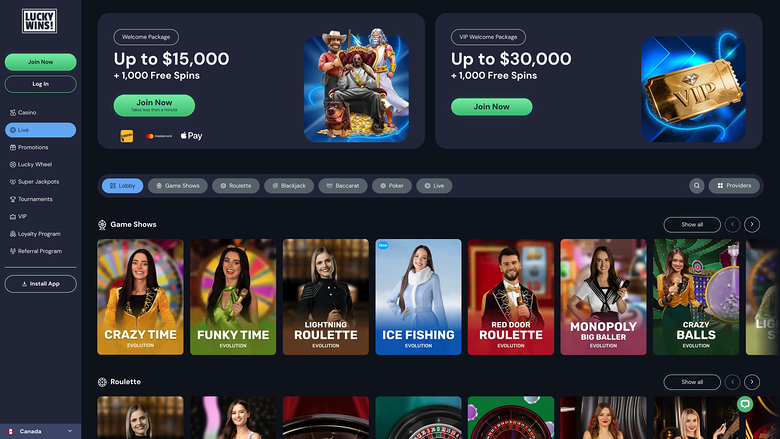 LuckyWins Casino — Live dealer lobby