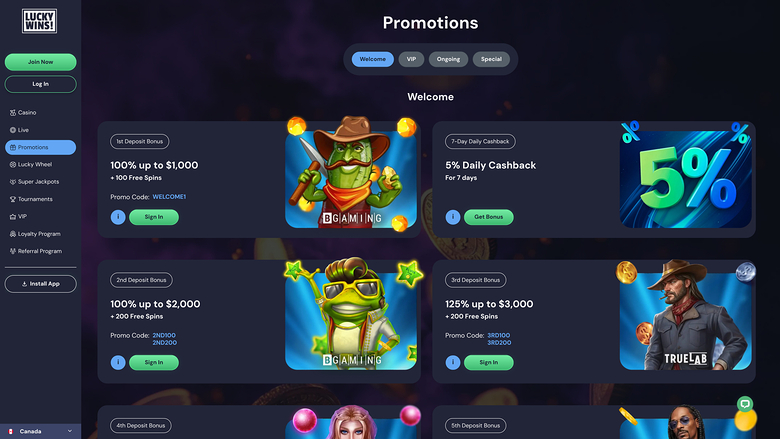 LuckyWins Casino — Promotions page