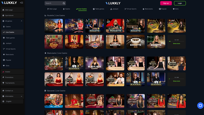 Lukkly Casino — Live dealer lobby