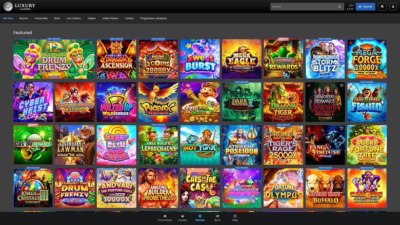 An online casino lobby page showing a grid of featured game tiles under a dark header with a search bar and login and register buttons.