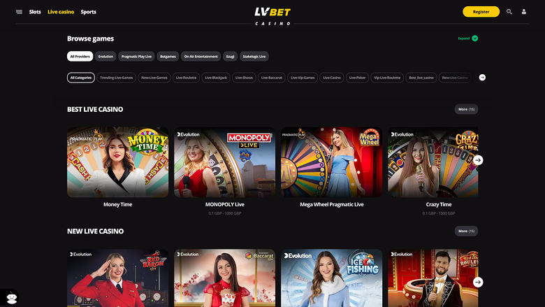 LV BET Casino — Live dealer lobby