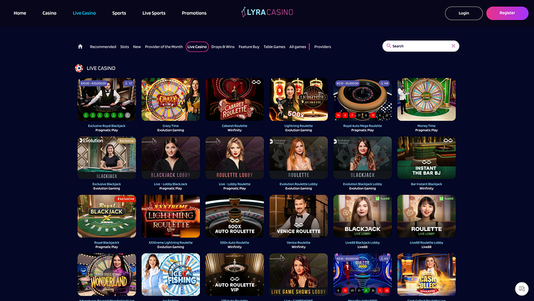 Lyra Casino — Live dealer lobby
