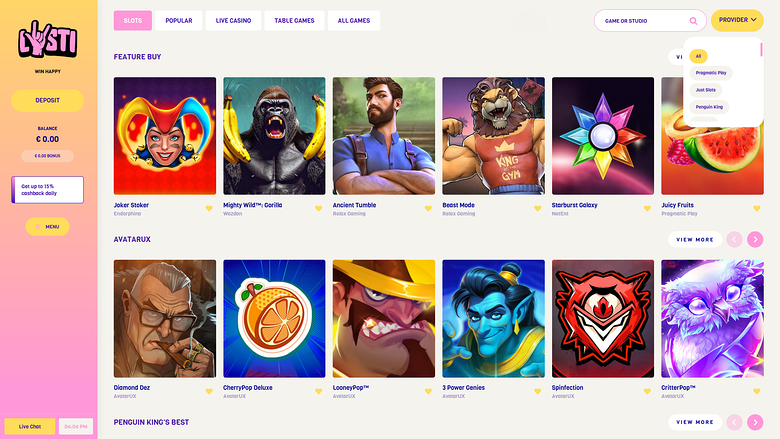 Lysti Casino — Games by studio