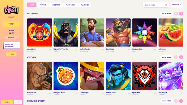 Lysti Casino — Games lobby