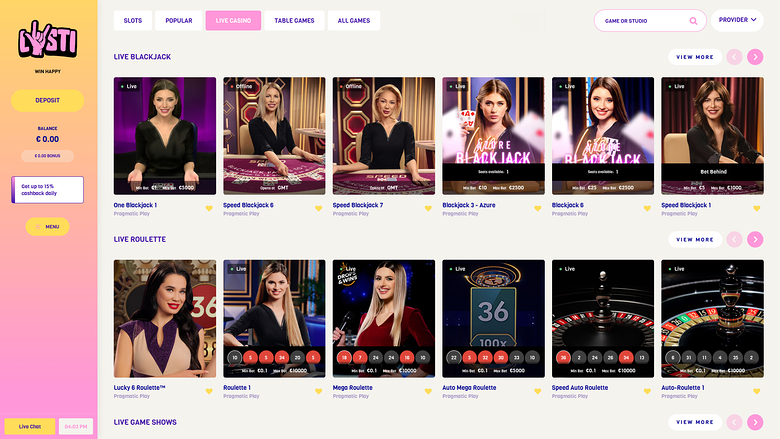 Lysti Casino — Live dealer lobby