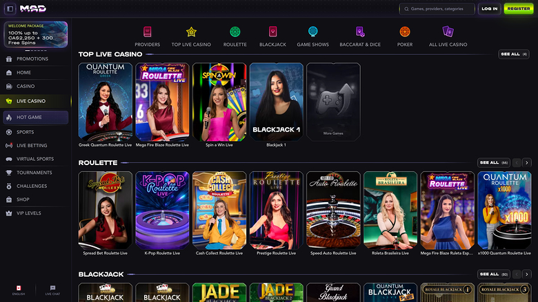 MadCasino — Live dealer lobby