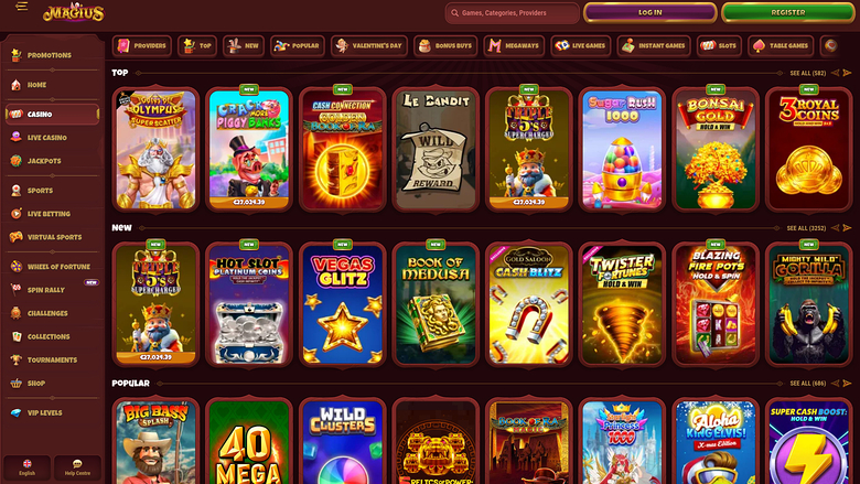 An online casino lobby page showing rows of game tiles under Top, New and Popular headings with a left sidebar menu.