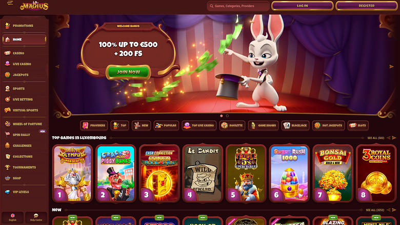 An online casino lobby screen for 'Magius' showing a welcome bonus hero banner and a grid of top game tiles.