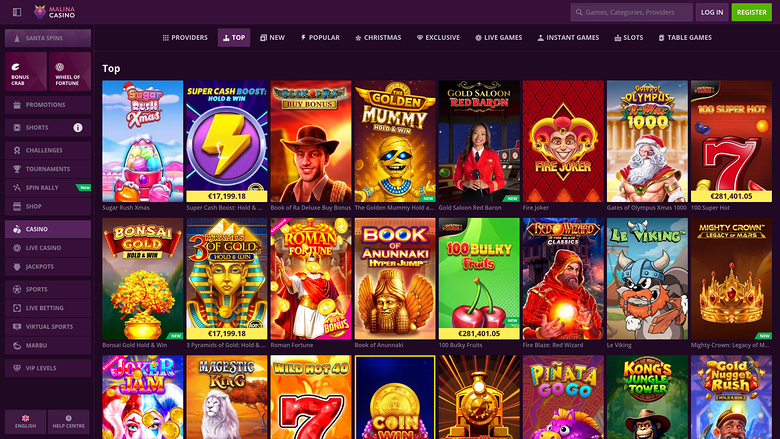 A desktop online casino lobby page showing a grid of game tiles under a 'Top' heading with a left sidebar menu and top navigation bar.