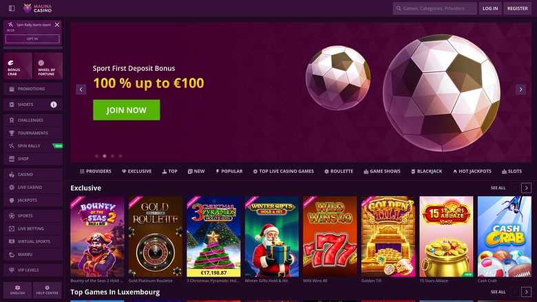 A Malta Casino online lobby screen showing a sports-themed first deposit bonus hero banner above an Exclusive games row and a Top Games in Luxembourg row.